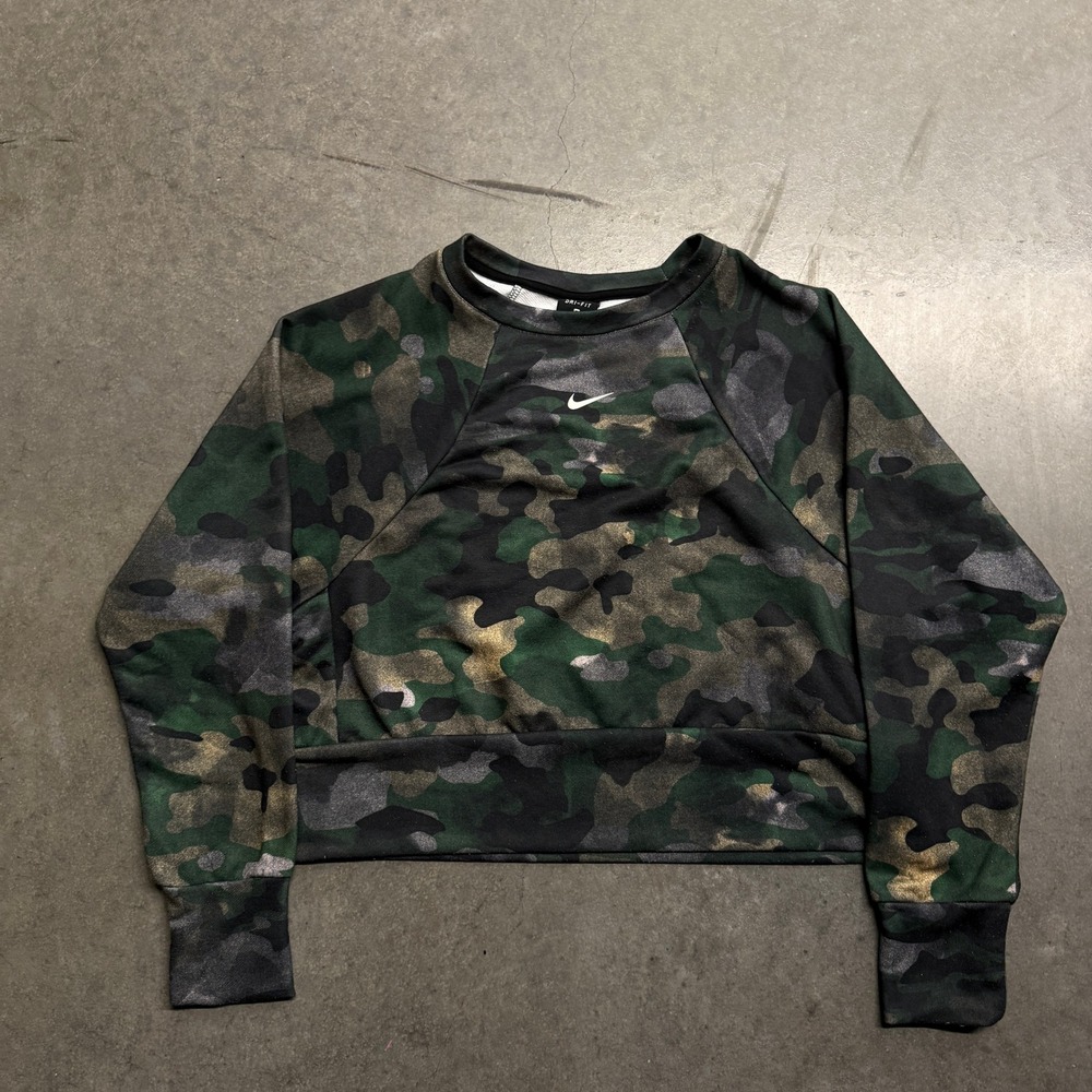 Nike Dri-FIT Womens Small Camo Metallic Gold Silver Cropped Long Sleeve Top
